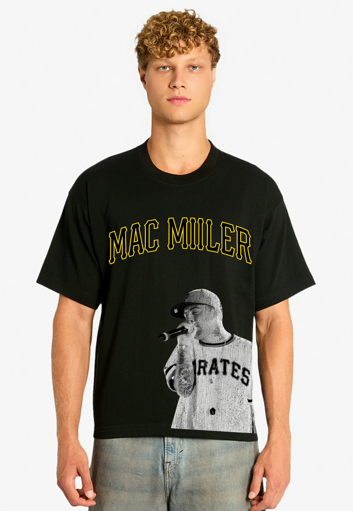 Mac Miller Pittsburgh Pirates Oversized Boxy Raw Hem Black & Gold Jersey T-Shirt