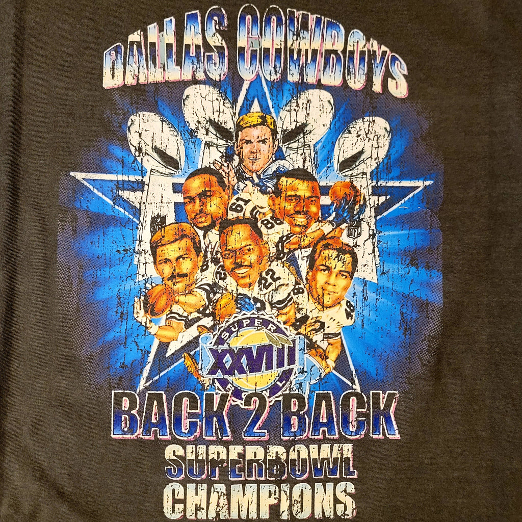 Emmitt Smith Troy Aikman Michael Irvin Cartoon Dallas Cowboys Super Bowl XXVIII Champions Vintage Distressed Bootleg Style T-Shirt, L